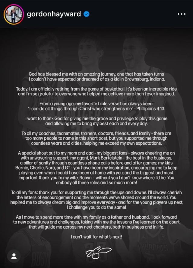 kaiyun sports-戈登·海沃德宣布退役，14载NBA生涯有荣誉更多遗憾